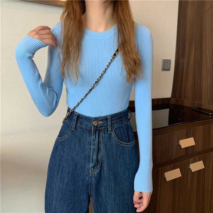 2025 New Women Sweater Autumn Winter Long Sleeve Pullover Basic Top Fashion O-neck Elastic Female Winter Solid Knitted Jumper