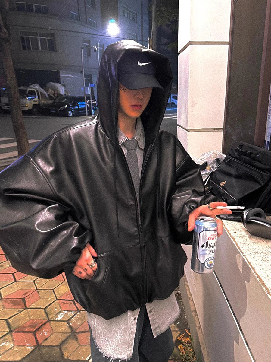 Mauroicardi Spring Autumn Short Oversized Black Soft Pu Leather Jacket Men with Hood Zipper Loose Casual Korean Fashion Clothes