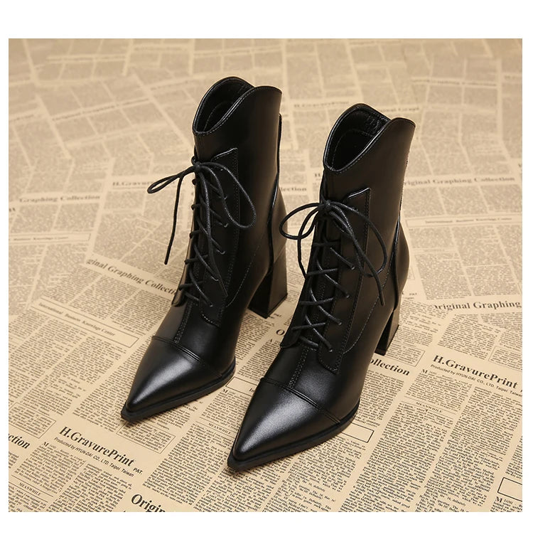 Retro Pointed Toe ort Boots Women's Spring Autumn New Coarse Heel Boots Small Size Genuine Leather High Heel  Boots