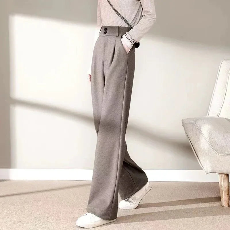 Autumn Winter Female Classic Daily Woolen Pants Girls Narrow Straight Leg Trousers Lady Solid Thicken High Waisted Pants