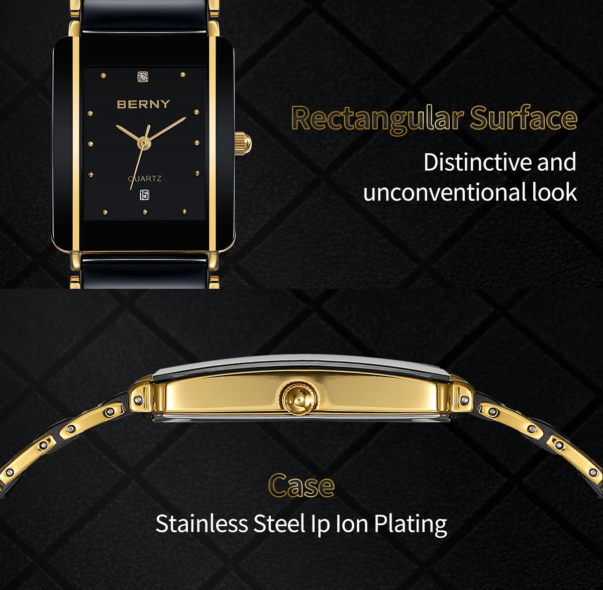 BERNY Ceramic Quartz Men Watch Fashion Luxury Rectangle Wristwatch XV12 Waterproof Calendar Diamon Black Gold Couple Gifts Watch