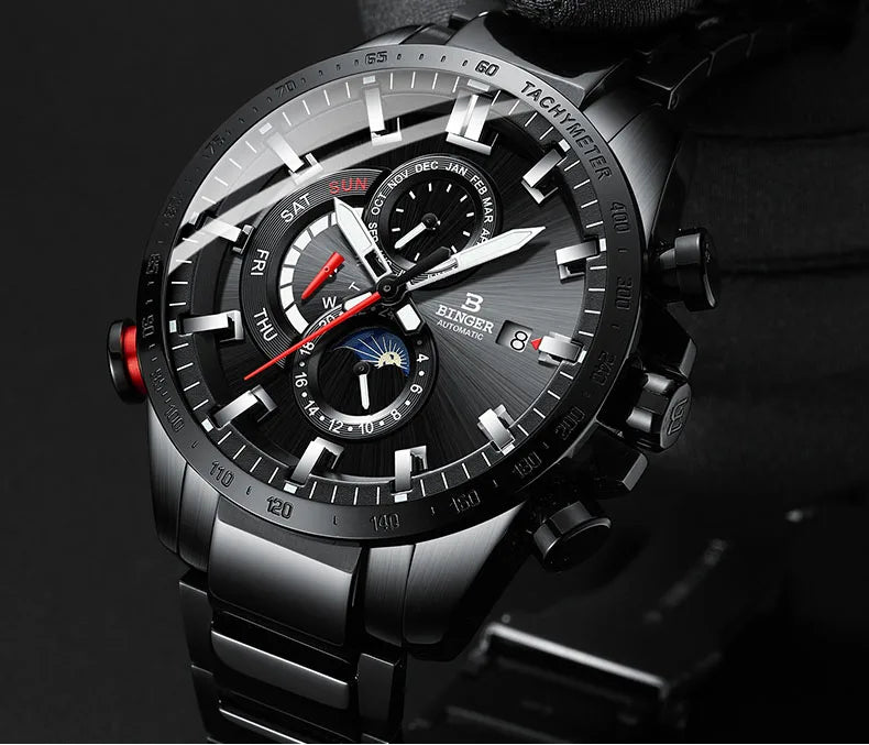 Genuine Luxury Switzerland BINGER Brand Mens Watches Automatic Mechanical Luminous Waterproof Running Calendar Male Moon Phase