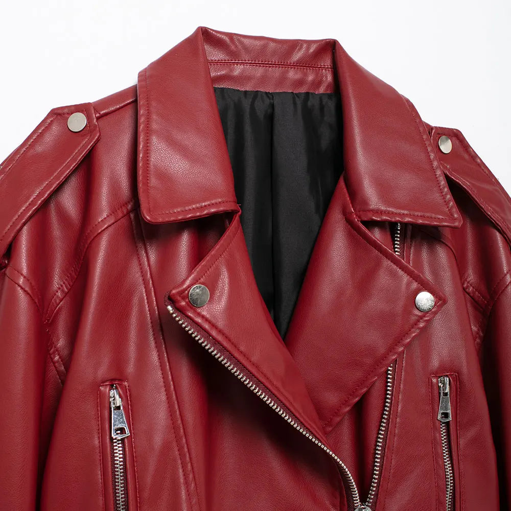 Faux Leather Moto & Biker Jacket for Women, Long Sleeve Coat, Front Zipper, Female Outerwear, Chic Tops, Fashion