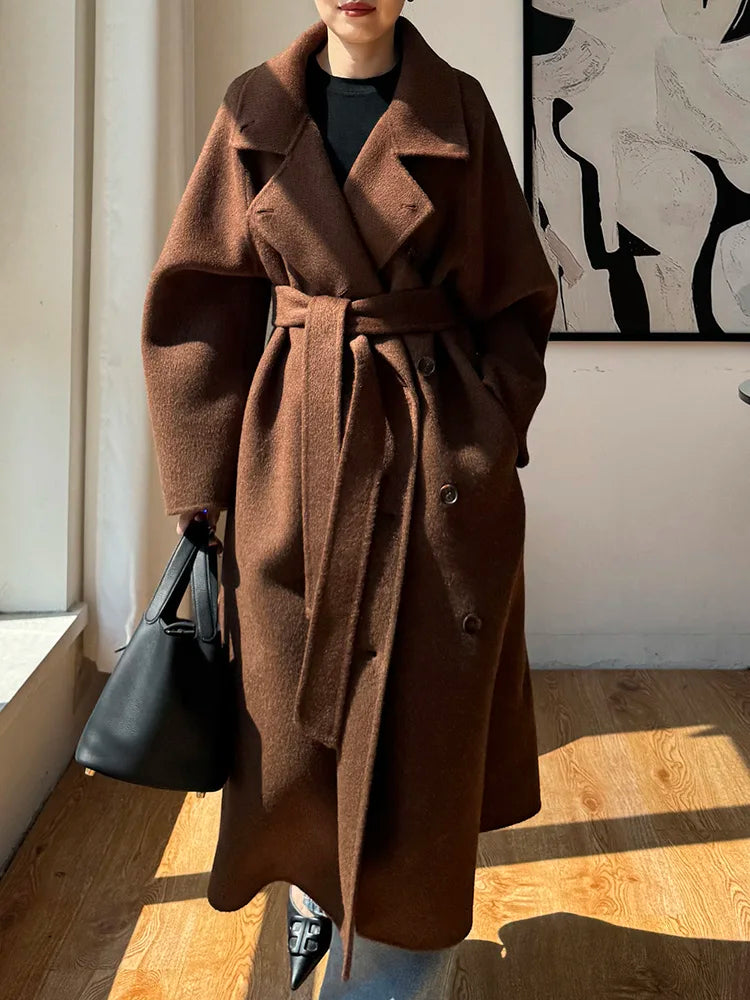 Korean Fashion Dark Gray Stand Collar 100%Wool Coat Women Long Winter Jacket