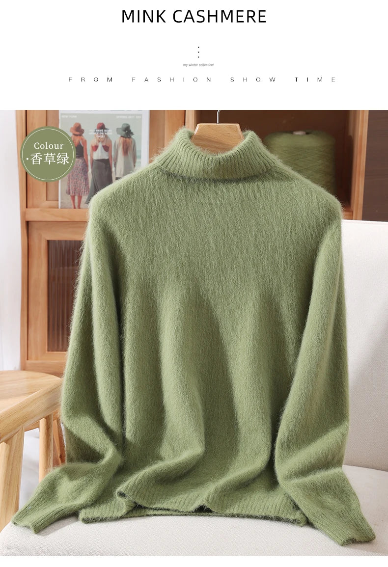 Autumn And Winter New 100% Mink Cashmere Sweater Ladies' High Lapel Solid Color Padded Pullover Wool Knitted Bottoming Shirt