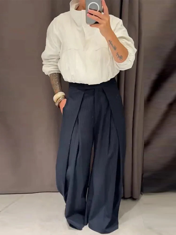 Casual Striped Loose Pants Women High Waist Pleated Straight Long Wide Leg Trousers Female 2025 Fashion Autumn Lady Bottoms