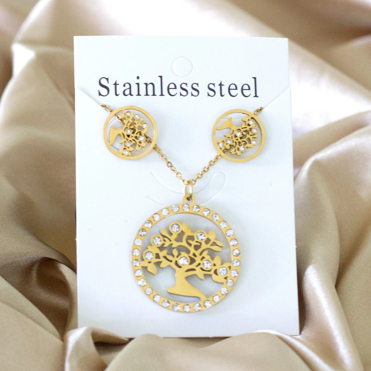 LUXUKISSKIDS Big Tree Of Life Charms Dubai Golden Jewelry Sets For Woman/Men Hippie Round Pendant Set of Necklace Earrings Punk