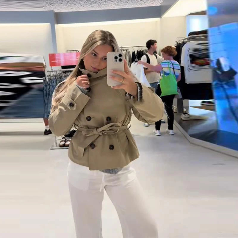 Elegant Double Belt Women Windbreaker Casual Khaki Long Sleeve Lapel Button Female Jacket 2025 Autumn Winter Lady Streetwear New