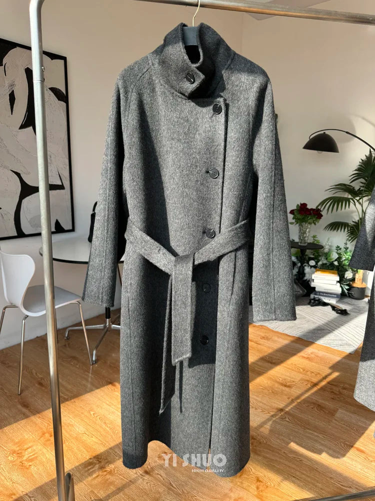 Korean Fashion Dark Gray Stand Collar 100%Wool Coat Women Long Winter Jacket