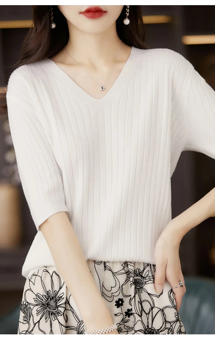 Women's Sweater Spring Summer Short Sleeve V-neck Knit Shirt Casual Korean Pullovers Stripe Bottoming Shirt Slim Fit Jumpers