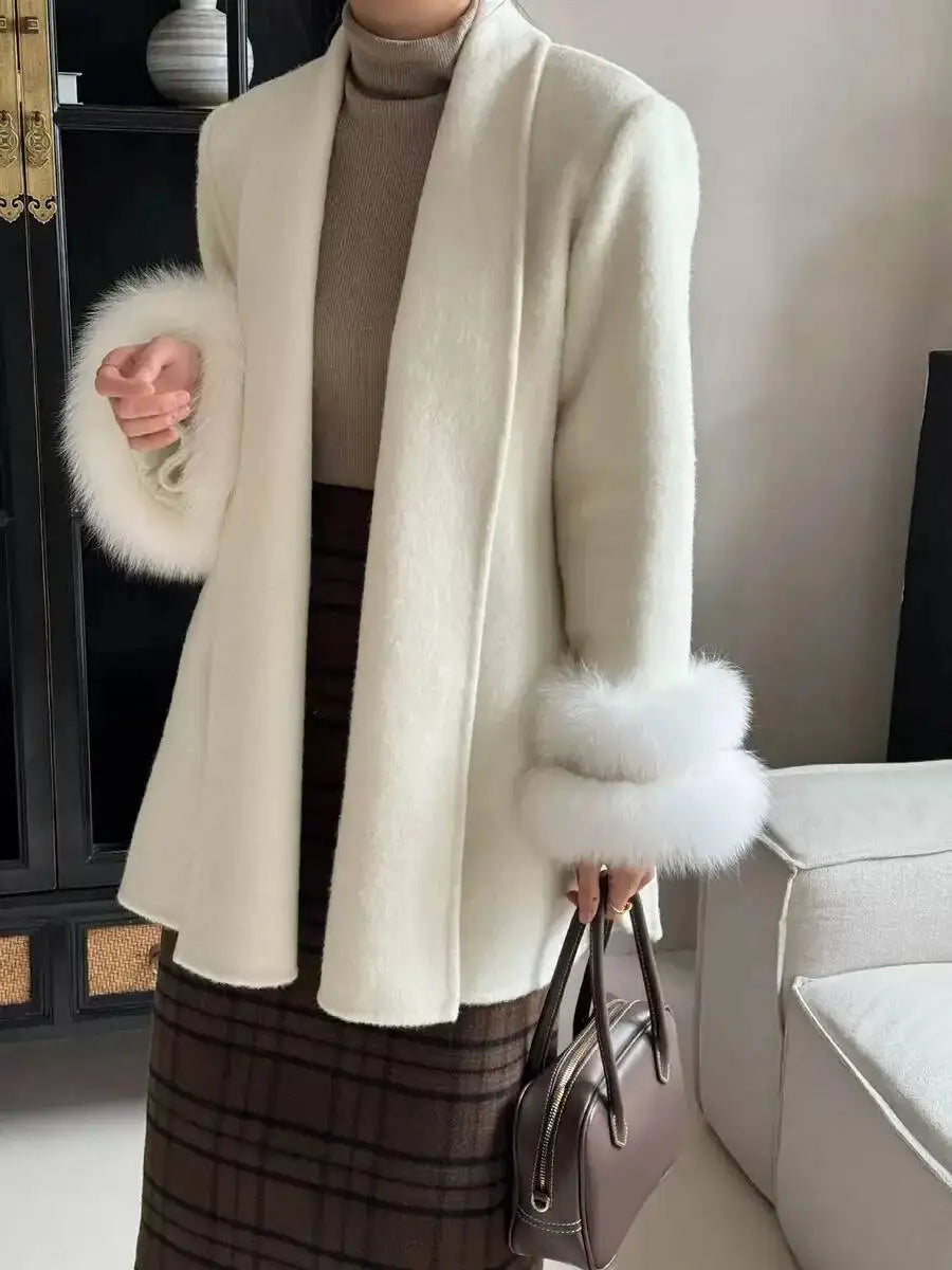 UCXQ Elegant OL Office Lady Overcoats Fur Patchwork Long Sleeve Woolen Coat Beautiful Women's Clothing Jacket Autumn 2025 Winter