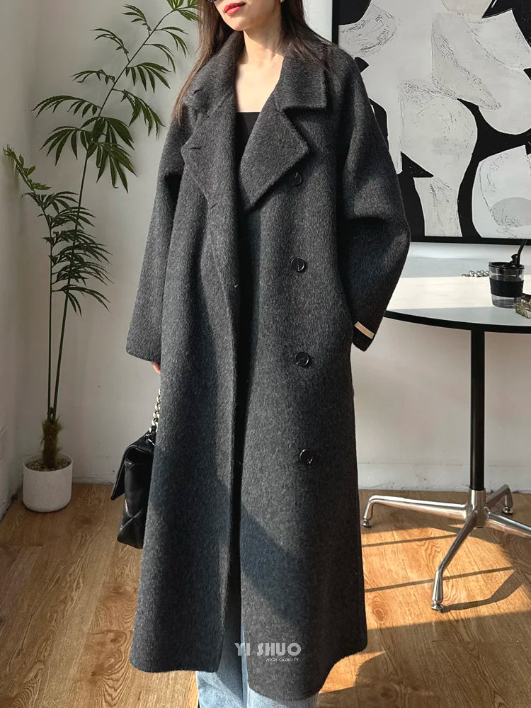 Korean Fashion Dark Gray Stand Collar 100%Wool Coat Women Long Winter Jacket