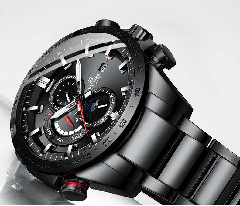 Genuine Luxury Switzerland BINGER Brand Mens Watches Automatic Mechanical Luminous Waterproof Running Calendar Male Moon Phase