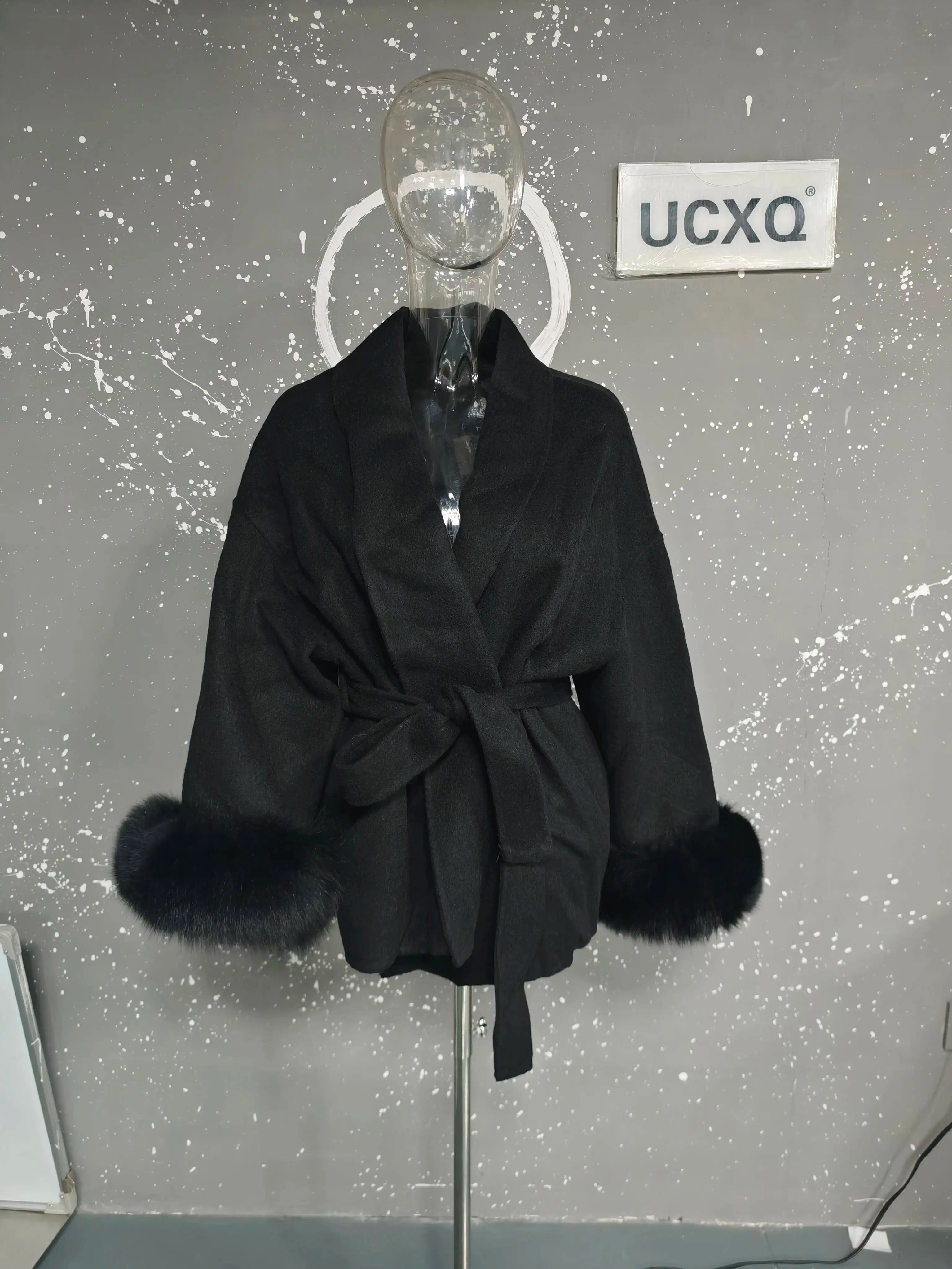 UCXQ Elegant OL Office Lady Overcoats Fur Patchwork Long Sleeve Woolen Coat Beautiful Women's Clothing Jacket Autumn 2025 Winter