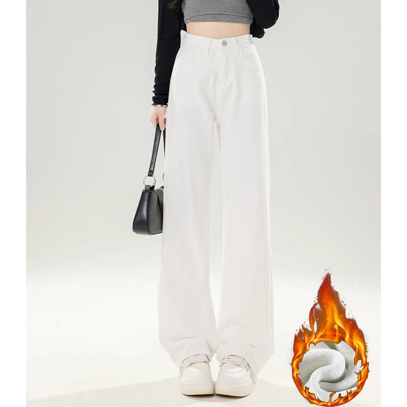Winter Girls Thermal Fleece High Waist Jeans Lady Snow Warm Plush Denim Pants Women Classic Fashion Straight Leg Trousers