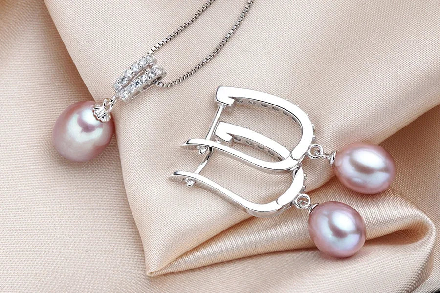 YWYC Horseshoe 8-9mm Rice Freshwater Pearl Earrings&Necklaces Jewelry Set for Women 925 Sterling Silver 45cm Pendant Necklace