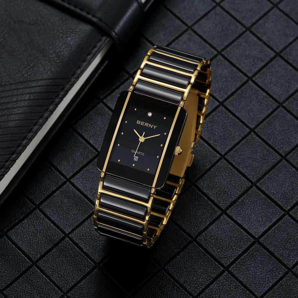 BERNY Ceramic Quartz Men Watch Fashion Luxury Rectangle Wristwatch XV12 Waterproof Calendar Diamon Black Gold Couple Gifts Watch