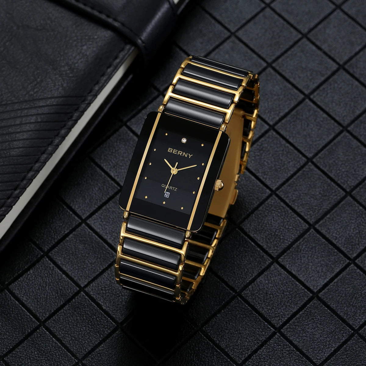 BERNY Ceramic Quartz Men Watch Fashion Luxury Rectangle Wristwatch XV12 Waterproof Calendar Diamon Black Gold Couple Gifts Watch