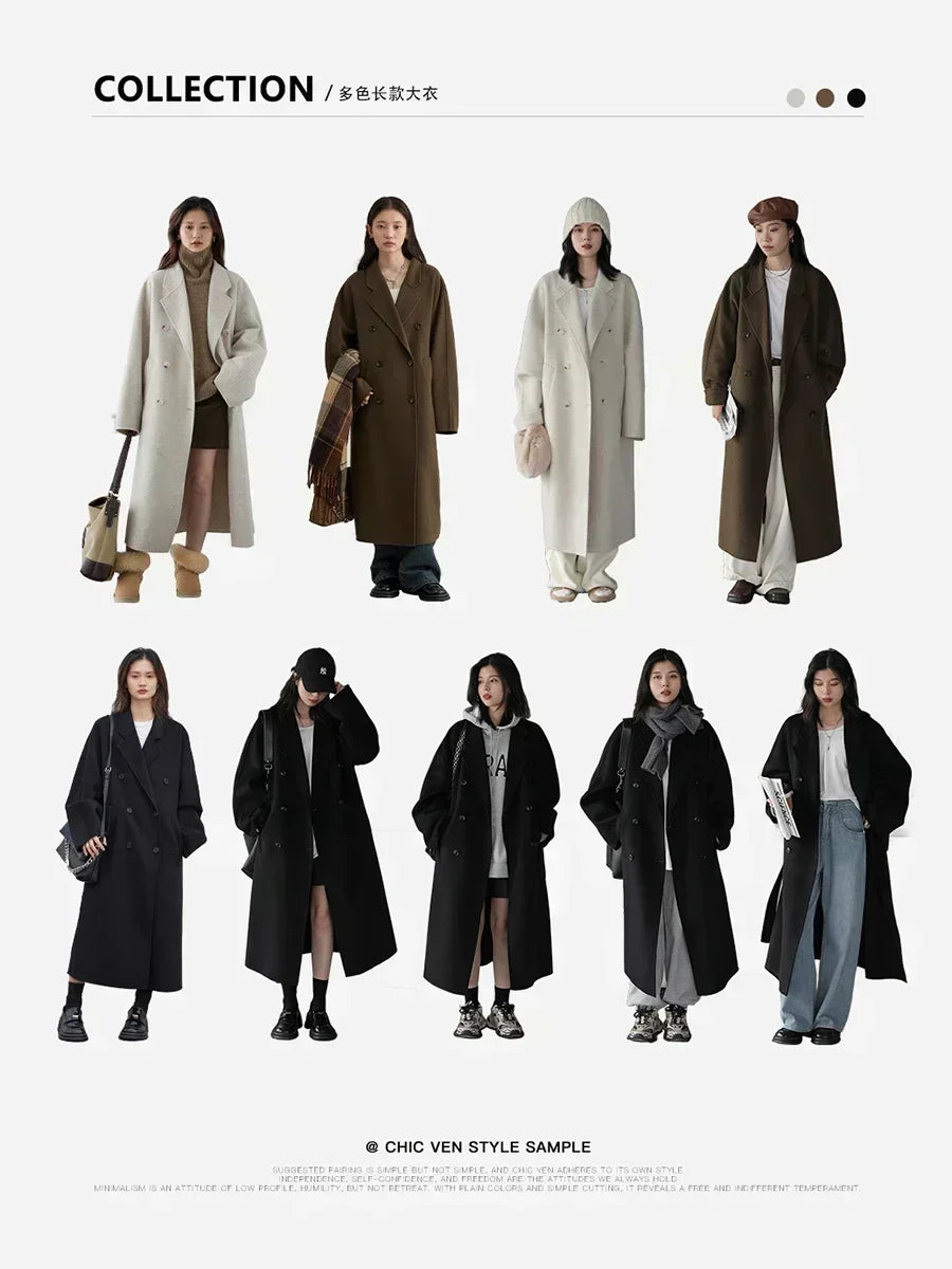 CHIC VEN Women Long Double-sided Woolen Coats Retro Loose Female Overcoat Double Breasted Ladies Windbreak Autumn Winter 2025