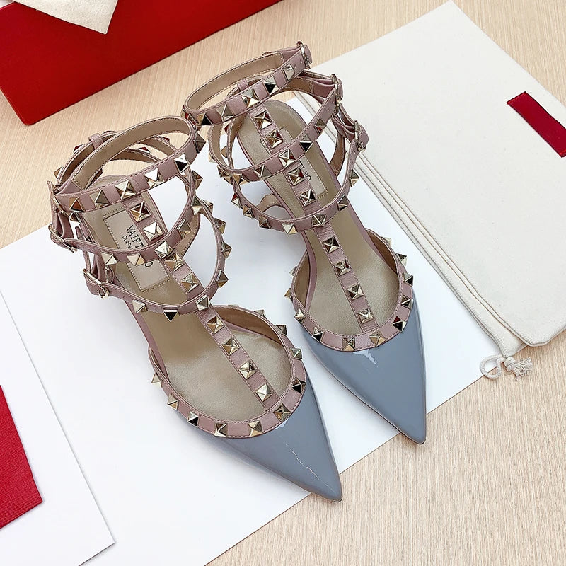 Three straps Rivet Heeled sandals luxury Women's Gladiator sandals summer Brand Slingbacks High Heels designer party Ladies Shoe