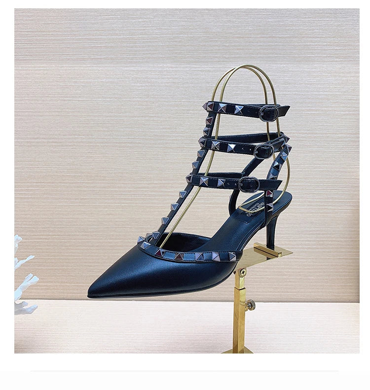 Three straps Rivet Heeled sandals luxury Women's Gladiator sandals summer Brand Slingbacks High Heels designer party Ladies Shoe