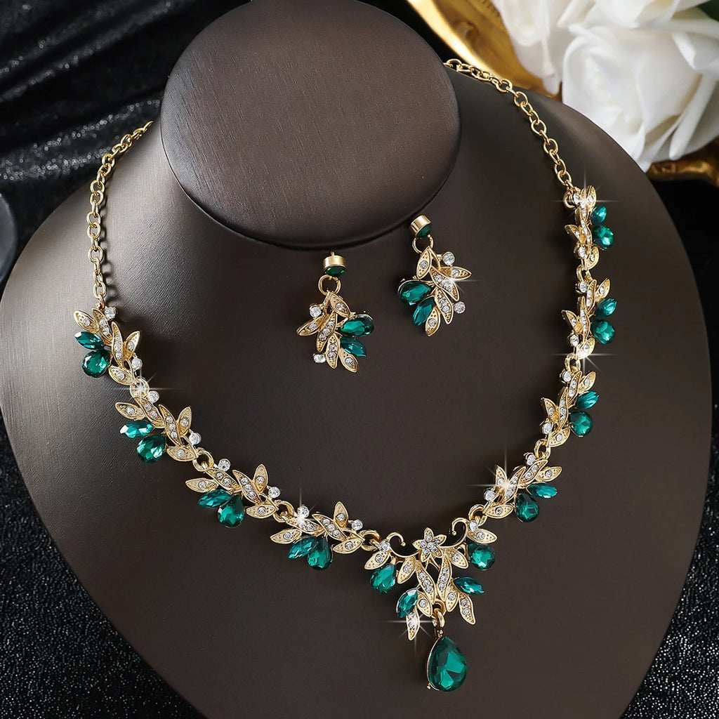 3PC Wedding Season Women's Fashion Trend Sparkling Leaf Water Drop Necklace Earrings Jewelry Set Banquet Party Holiday Gift