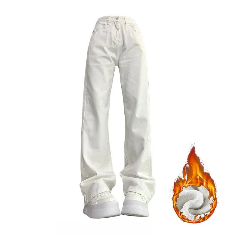 Winter Girls Thermal Fleece High Waist Jeans Lady Snow Warm Plush Denim Pants Women Classic Fashion Straight Leg Trousers