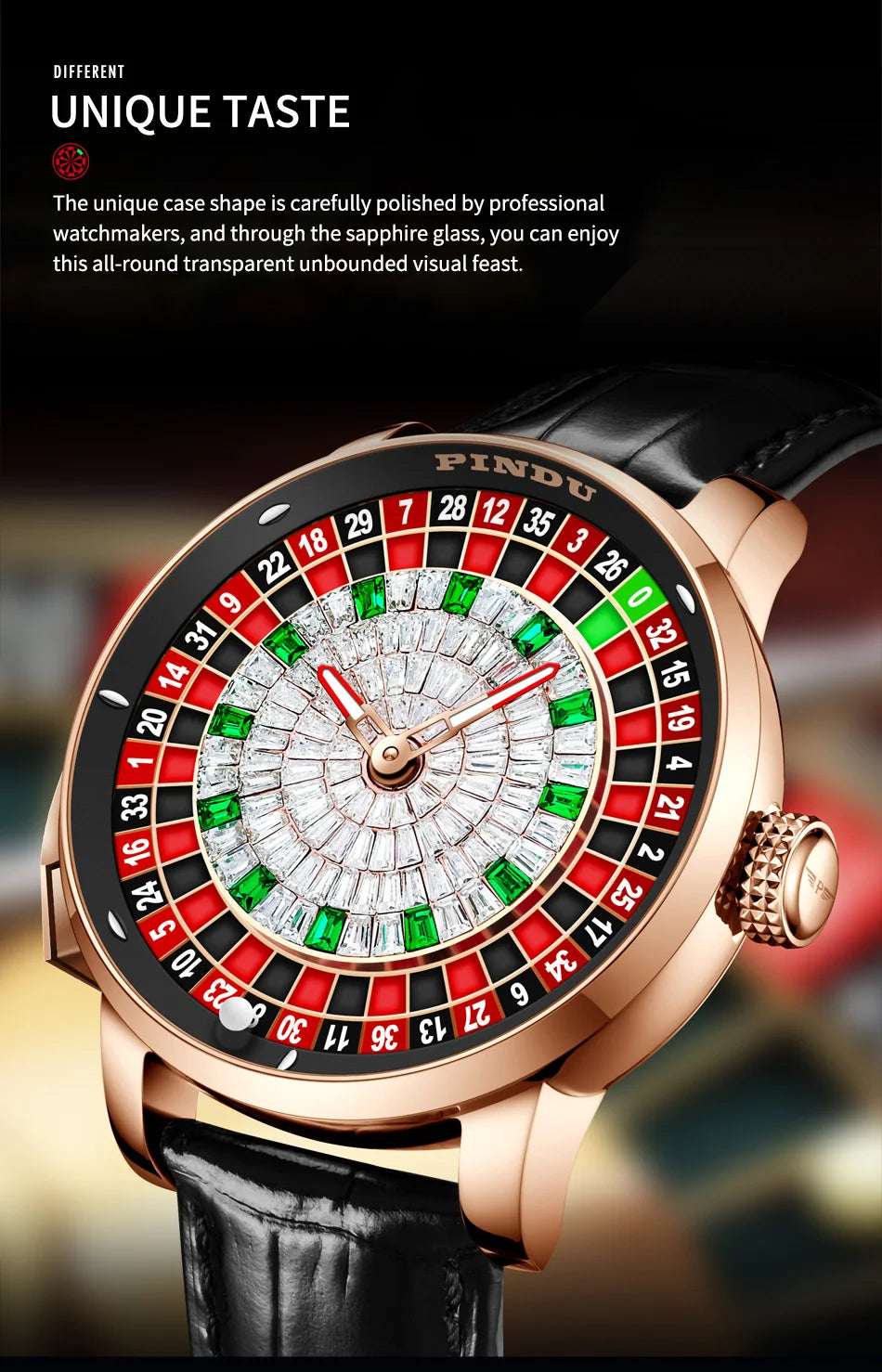 PINDU New Watches European Button Roulette Fun Game Sapphire Glass NH35A Mechanical Watch Diamond Dial Leather Men's Watch P6628
