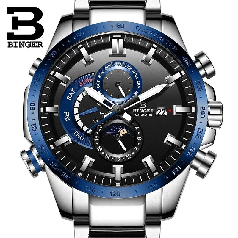 Genuine Luxury Switzerland BINGER Brand Mens Watches Automatic Mechanical Luminous Waterproof Running Calendar Male Moon Phase