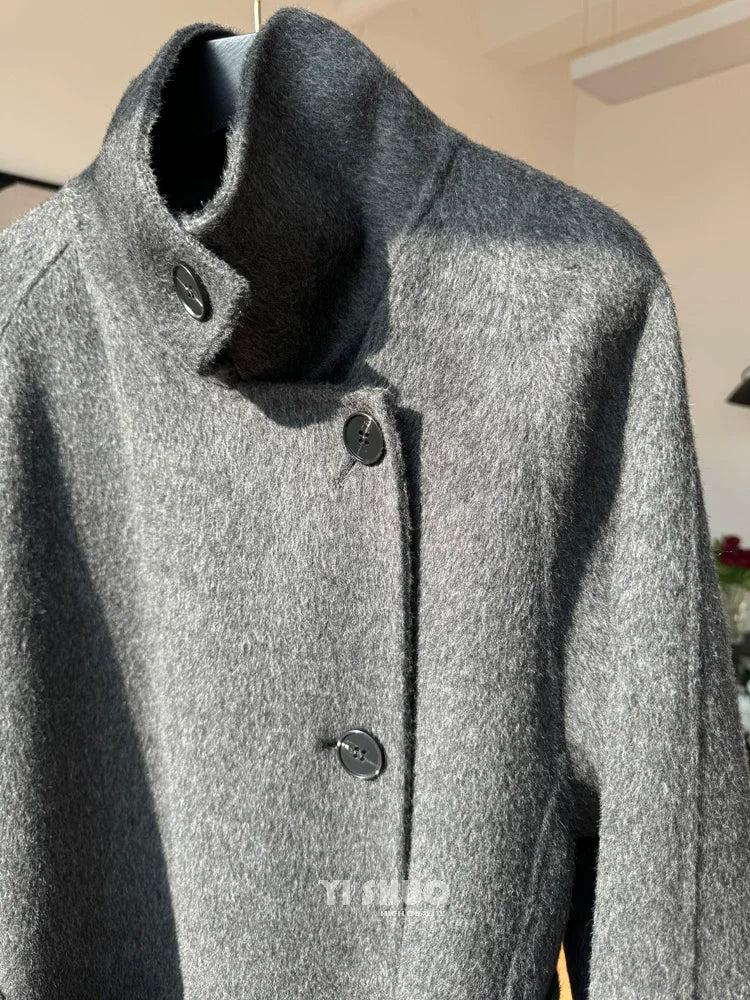 Korean Fashion Dark Gray Stand Collar 100%Wool Coat Women Long Winter Jacket