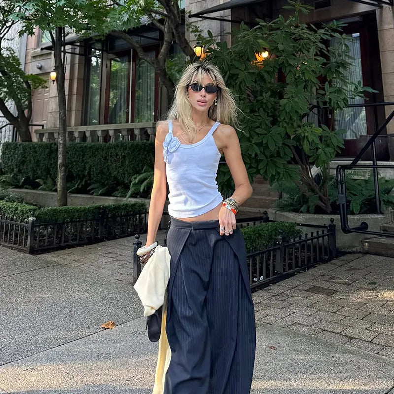 Casual Striped Loose Pants Women High Waist Pleated Straight Long Wide Leg Trousers Female 2025 Fashion Autumn Lady Bottoms