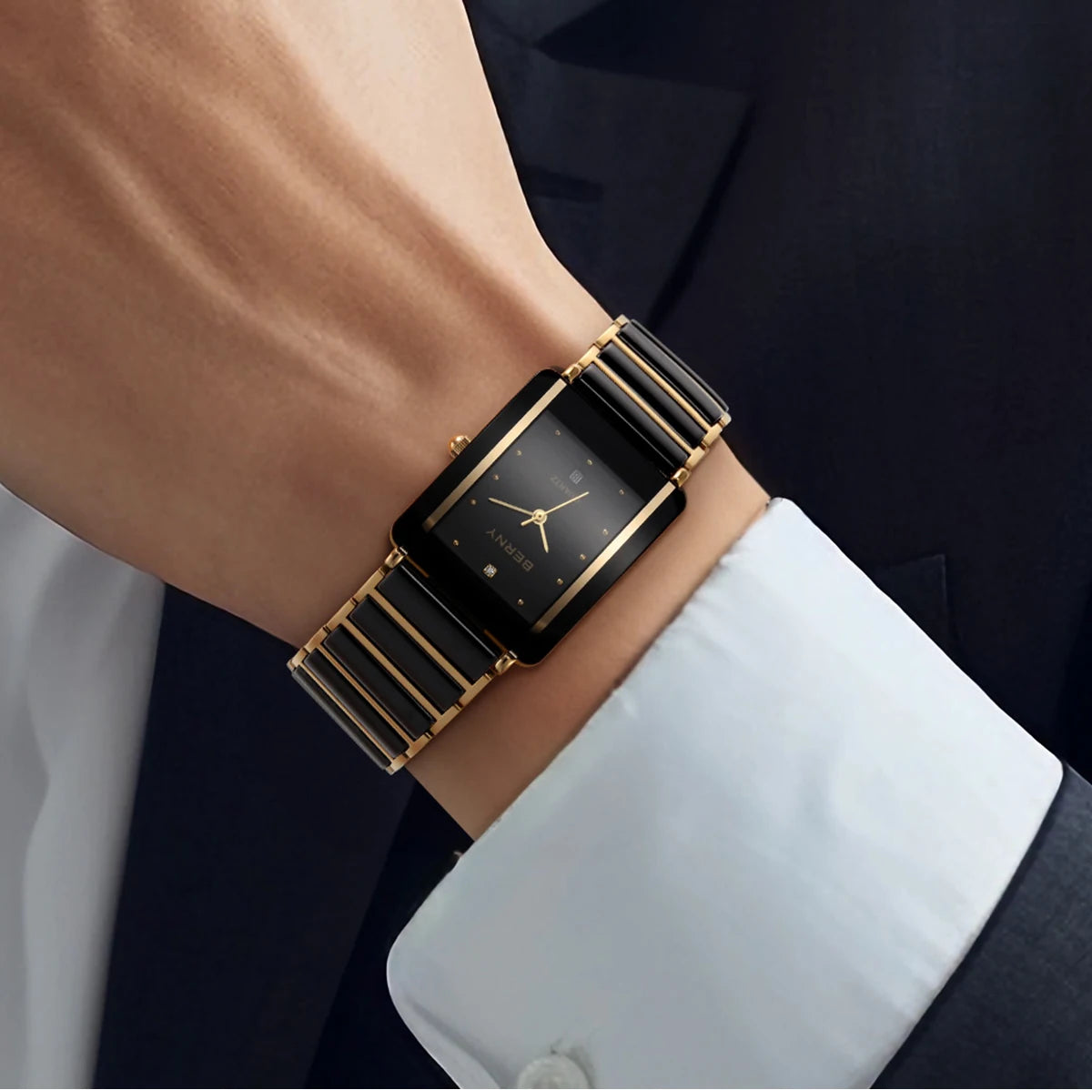 BERNY Ceramic Quartz Men Watch Fashion Luxury Rectangle Wristwatch XV12 Waterproof Calendar Diamon Black Gold Couple Gifts Watch