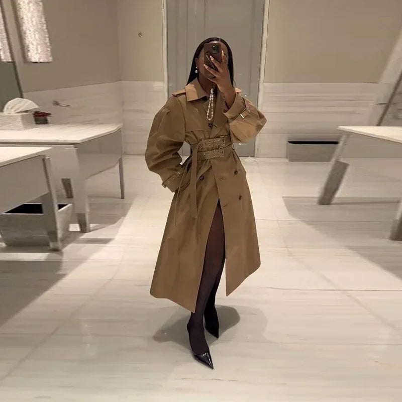 Elegant Double Belt Women Windbreaker Casual Khaki Long Sleeve Lapel Button Female Jacket 2025 Autumn Winter Lady Streetwear New