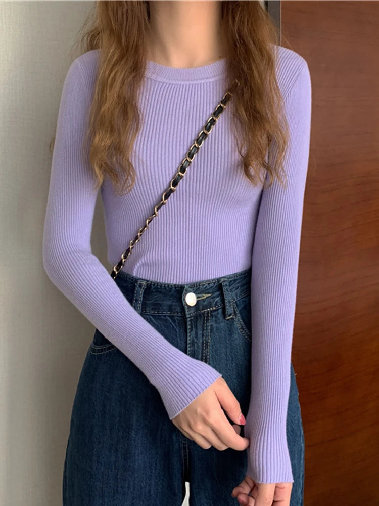 2025 New Women Sweater Autumn Winter Long Sleeve Pullover Basic Top Fashion O-neck Elastic Female Winter Solid Knitted Jumper