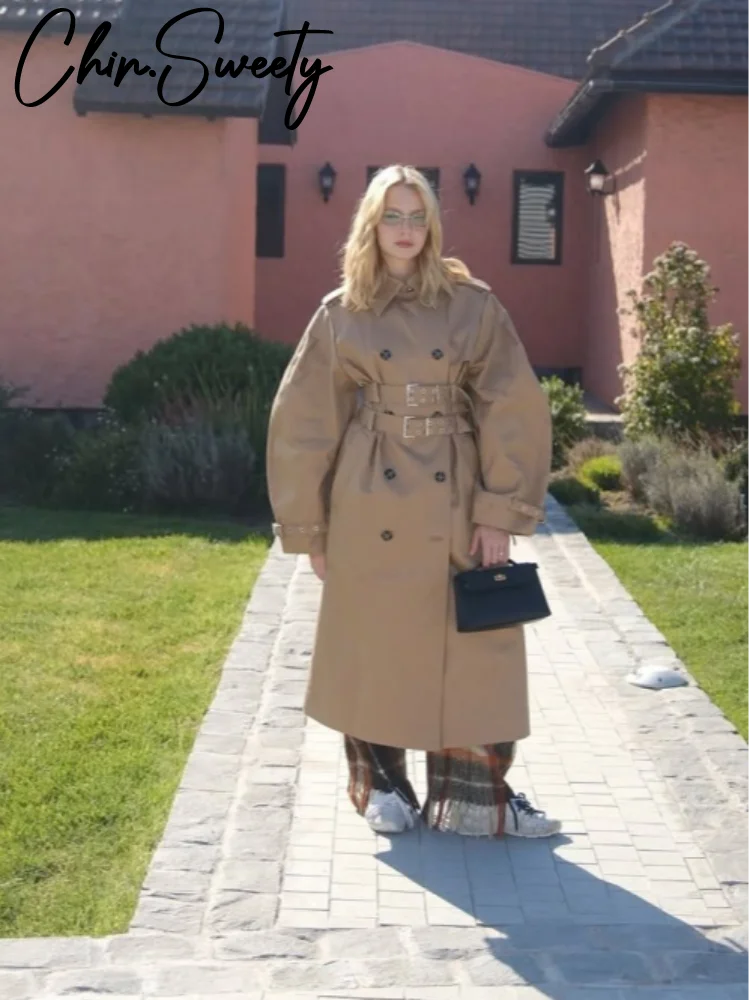 Elegant Double Belt Women Windbreaker Casual Khaki Long Sleeve Lapel Button Female Jacket 2025 Autumn Winter Lady Streetwear New