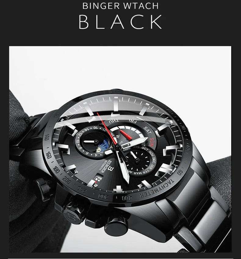 Genuine Luxury Switzerland BINGER Brand Mens Watches Automatic Mechanical Luminous Waterproof Running Calendar Male Moon Phase