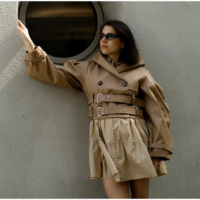 Elegant Double Belt Women Windbreaker Casual Khaki Long Sleeve Lapel Button Female Jacket 2025 Autumn Winter Lady Streetwear New