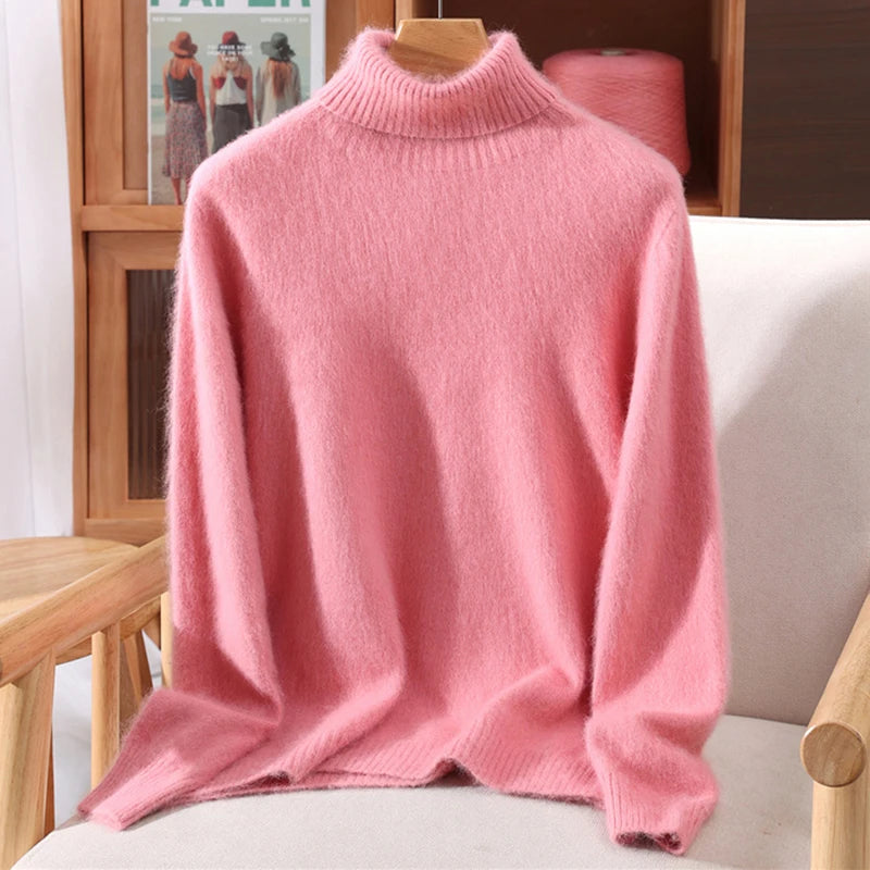 Autumn And Winter New 100% Mink Cashmere Sweater Ladies' High Lapel Solid Color Padded Pullover Wool Knitted Bottoming Shirt