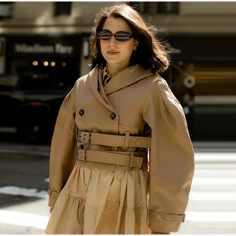 Elegant Double Belt Women Windbreaker Casual Khaki Long Sleeve Lapel Button Female Jacket 2025 Autumn Winter Lady Streetwear New