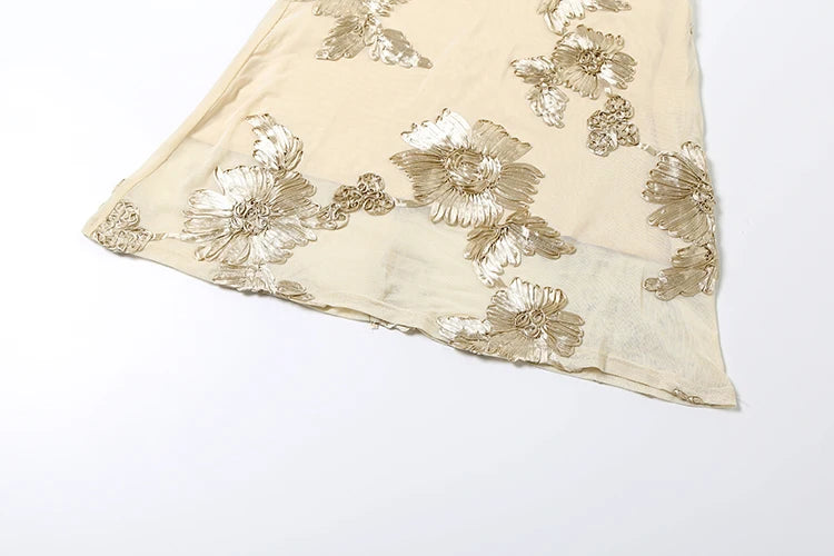 Nibber Elegant Flower Embroidery Maxi Dress Women Low-Neck Cross Bandage Backless Summer Street Trend Skinny Holiday Vestidos