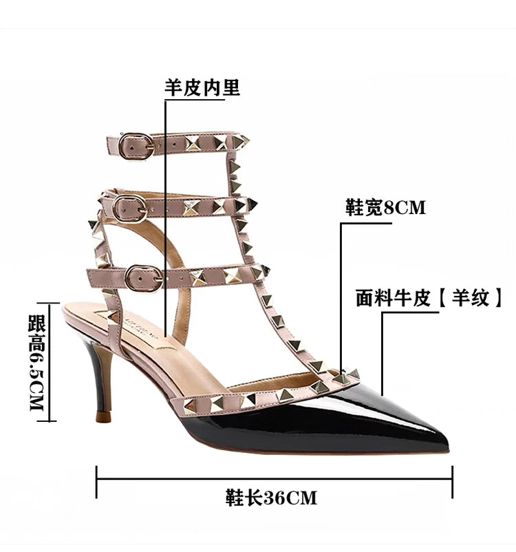 Three straps Rivet Heeled sandals luxury Women's Gladiator sandals summer Brand Slingbacks High Heels designer party Ladies Shoe