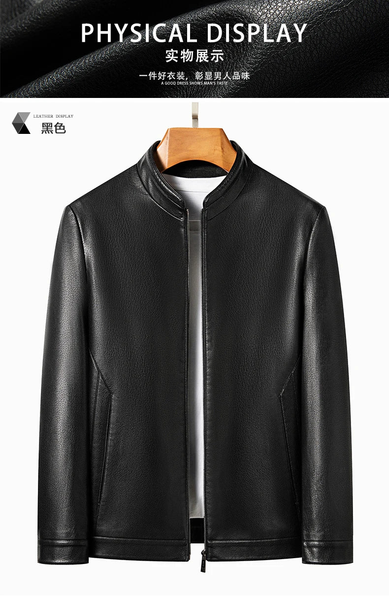YN-2335 Spring and Autumn Men's Genuine Leather Polo Mock Neck Jacket Fashion Slim Sheepskin Coat Black Grey Husband Gift Youth