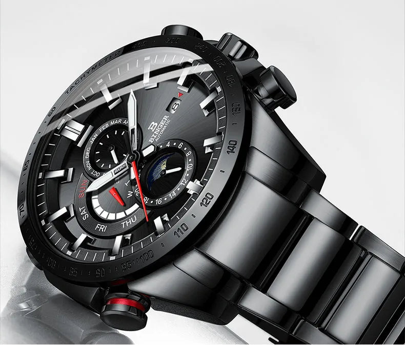 Genuine Luxury Switzerland BINGER Brand Mens Watches Automatic Mechanical Luminous Waterproof Running Calendar Male Moon Phase