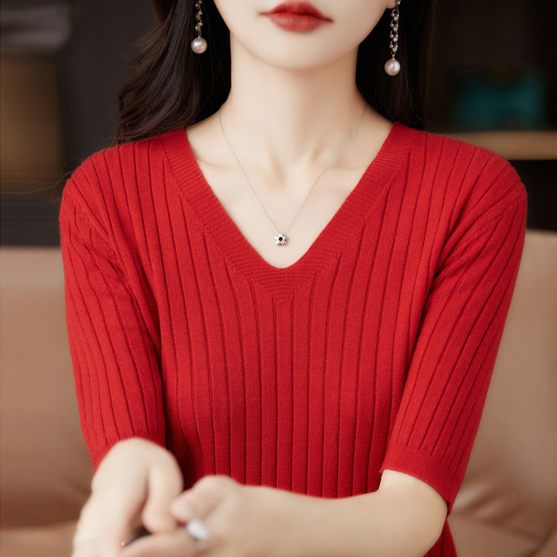 Women's Sweater Spring Summer Short Sleeve V-neck Knit Shirt Casual Korean Pullovers Stripe Bottoming Shirt Slim Fit Jumpers