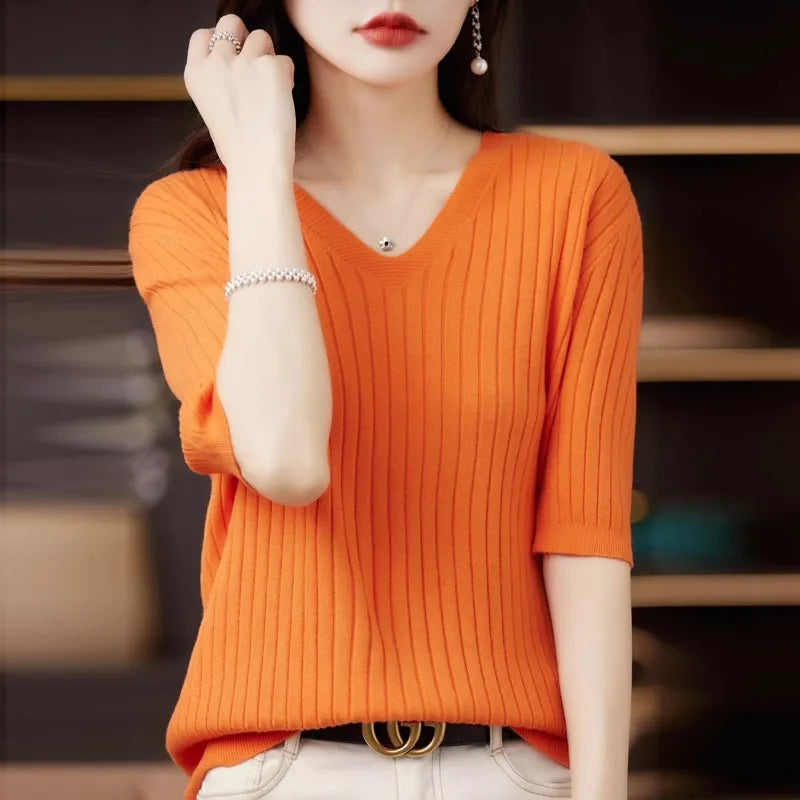 Women's Sweater Spring Summer Short Sleeve V-neck Knit Shirt Casual Korean Pullovers Stripe Bottoming Shirt Slim Fit Jumpers