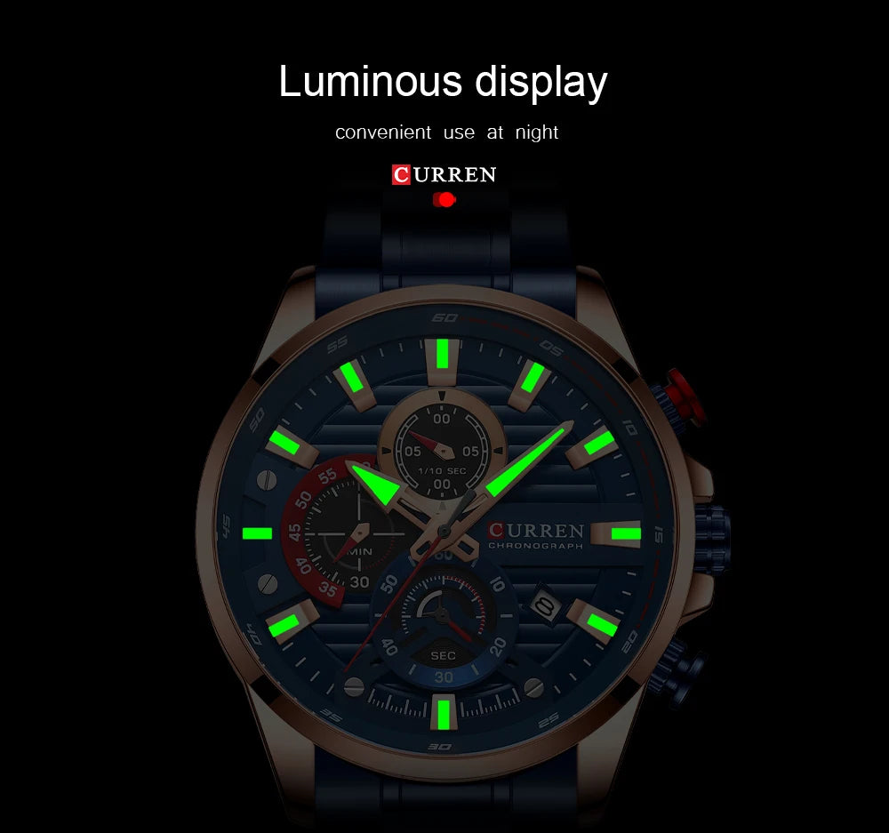 CURREN Sports Casual Quartz Wristwatches with Chronograph Fashion Stainless Steel Men's Watch Auto Date Clock Male with box
