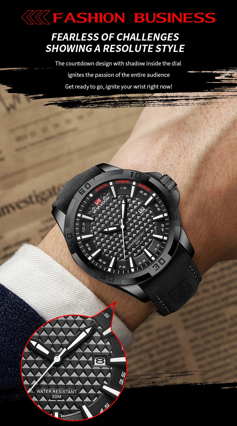 VA VA VOOM Men Casual Sport Military Quartz Calendar Wrist Watch for Man Business Leather Waterproof Male Clock Relogio Masculin