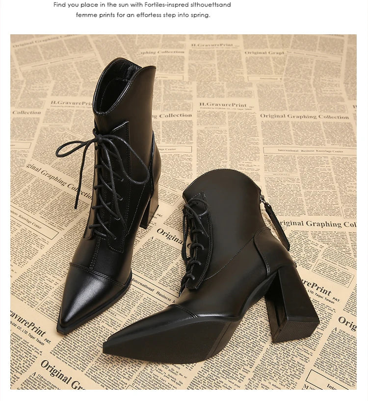 Retro Pointed Toe ort Boots Women's Spring Autumn New Coarse Heel Boots Small Size Genuine Leather High Heel  Boots