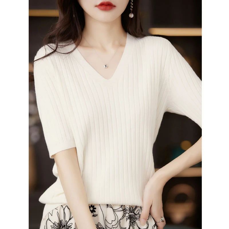Women's Sweater Spring Summer Short Sleeve V-neck Knit Shirt Casual Korean Pullovers Stripe Bottoming Shirt Slim Fit Jumpers