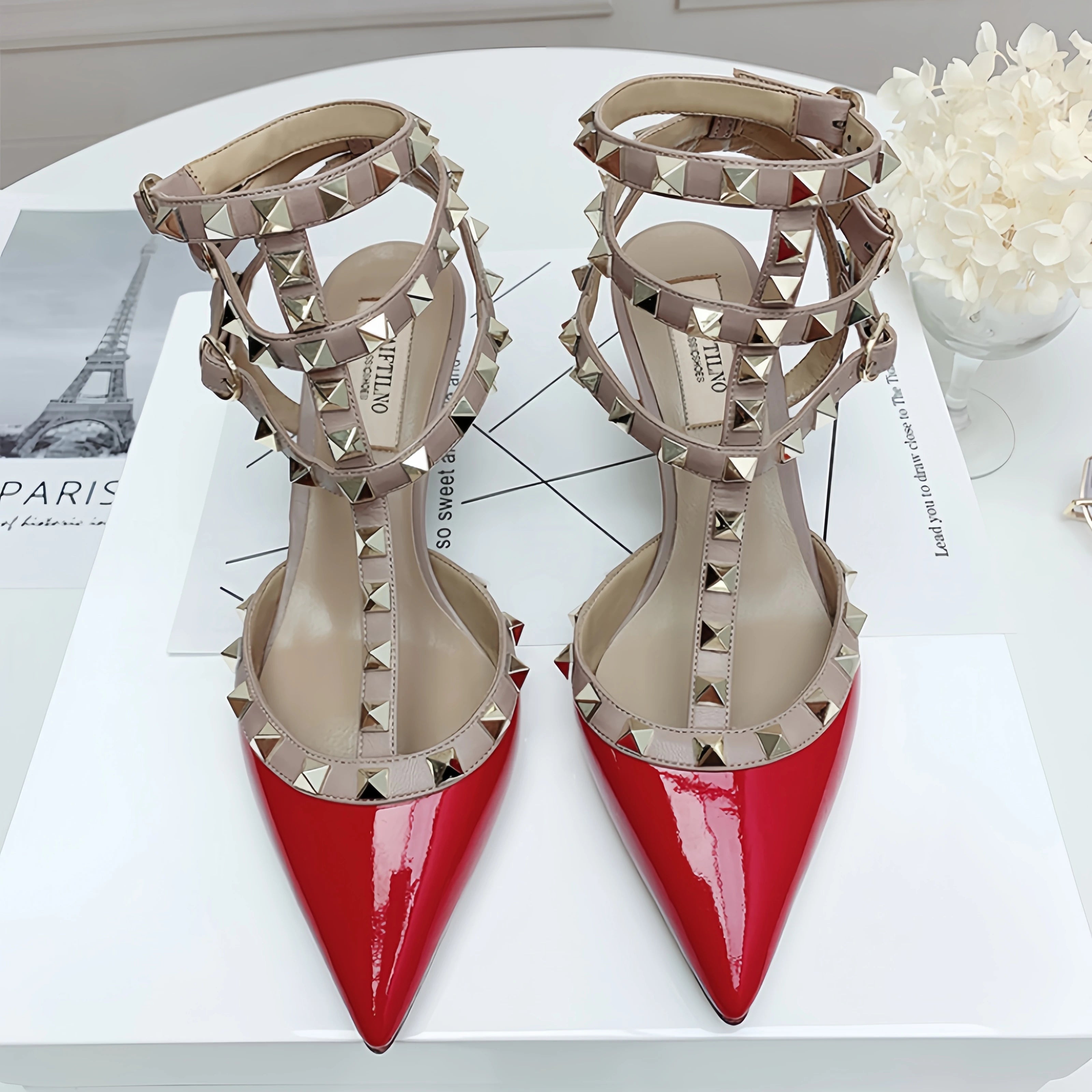 Three straps Rivet Heeled sandals luxury Women's Gladiator sandals summer Brand Slingbacks High Heels designer party Ladies Shoe
